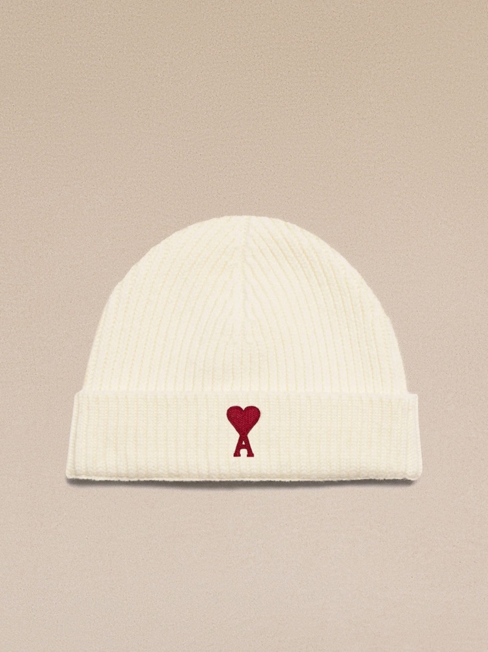Cream Ribbed Beanie with Red Heart 'A' Logo